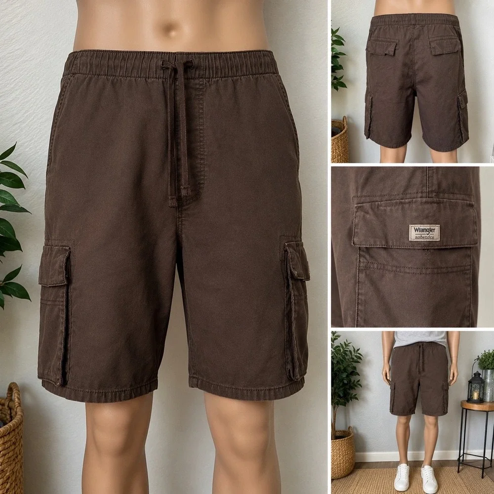 Wrangler Authentics Mens Brown Cargo Shorts XL 40-42 Elastic Waist Drawstring